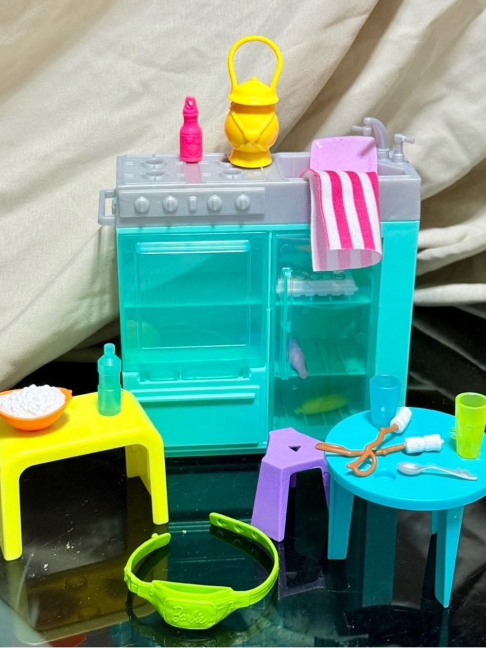 Barbie Dream Camper Kitchen Lot w/ Stove Sink Table Chair + Accessories Lot